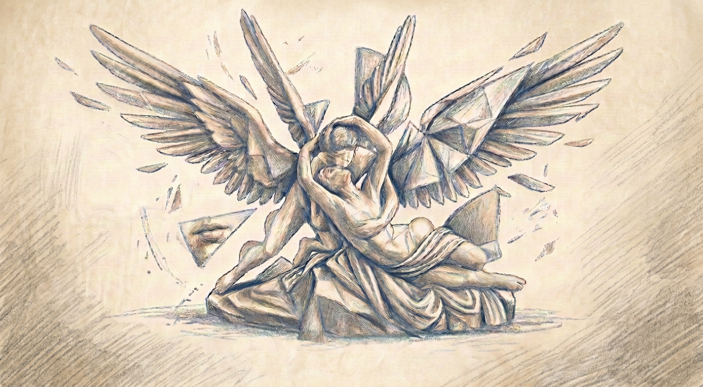 Marble sculpture of a winged figure embracing a reclining person in a museum gallery